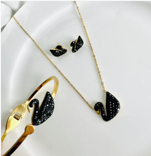 Stainless Swan Bangle, Earring And Necklace Set