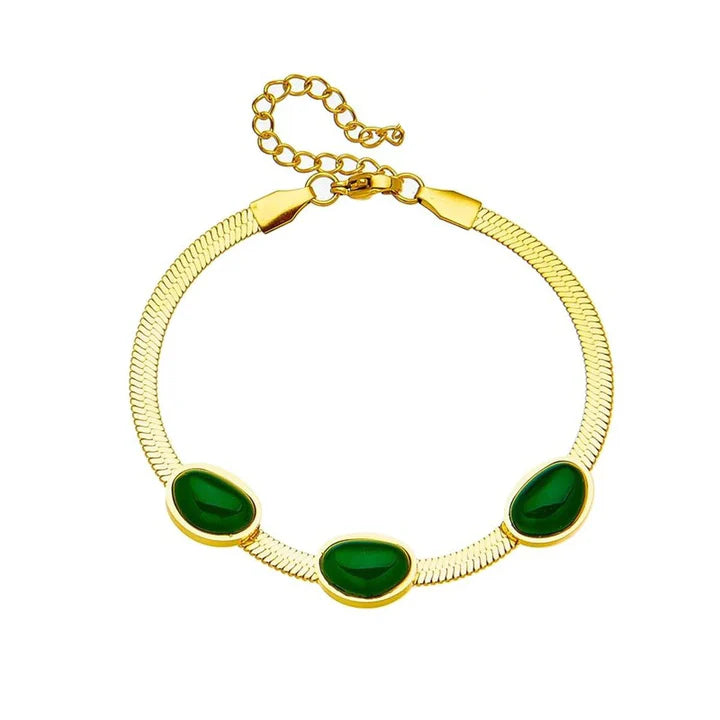 Enchanting Green Beads 18K Gold Stainless Steel Snake Chain Bracelet