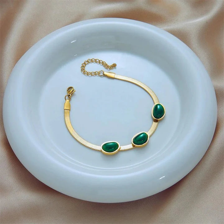 Enchanting Green Beads 18K Gold Stainless Steel Snake Chain Bracelet