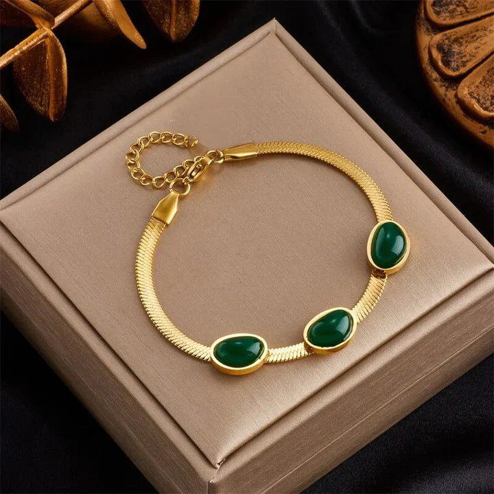 Enchanting Green Beads 18K Gold Stainless Steel Snake Chain Bracelet